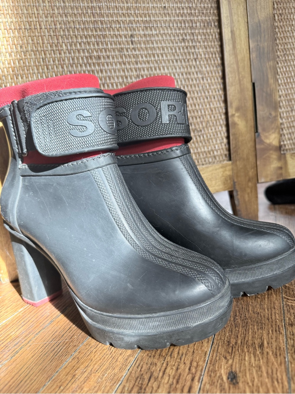 Black Heeled Rain Booties with Red Lining